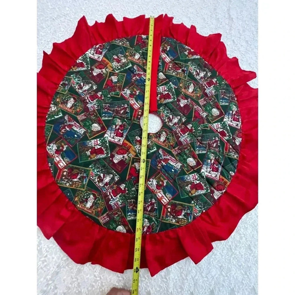 Vintage Handmade Holiday Christmas Tree Skirt Santa Claus Ruffle Pleated Red 36" - Picture 7 of 10
